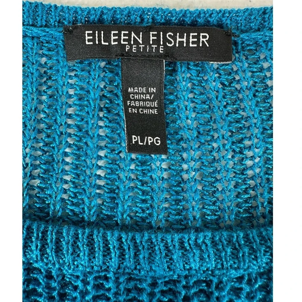Eileen‎ Fisher Sweater Teal Organic Linen Open Knit Asymmetric Hem 3/4 Sleeve
